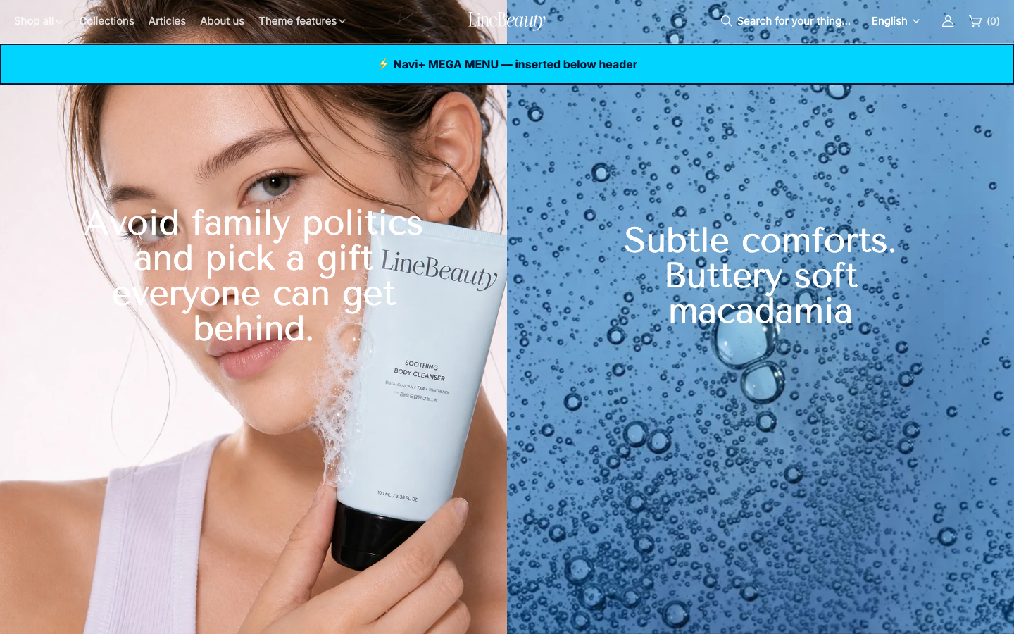 Menu inserted below header — Navi+ on the Line Shopify theme Menu inserted below header — Navi+ on the Line Shopify theme