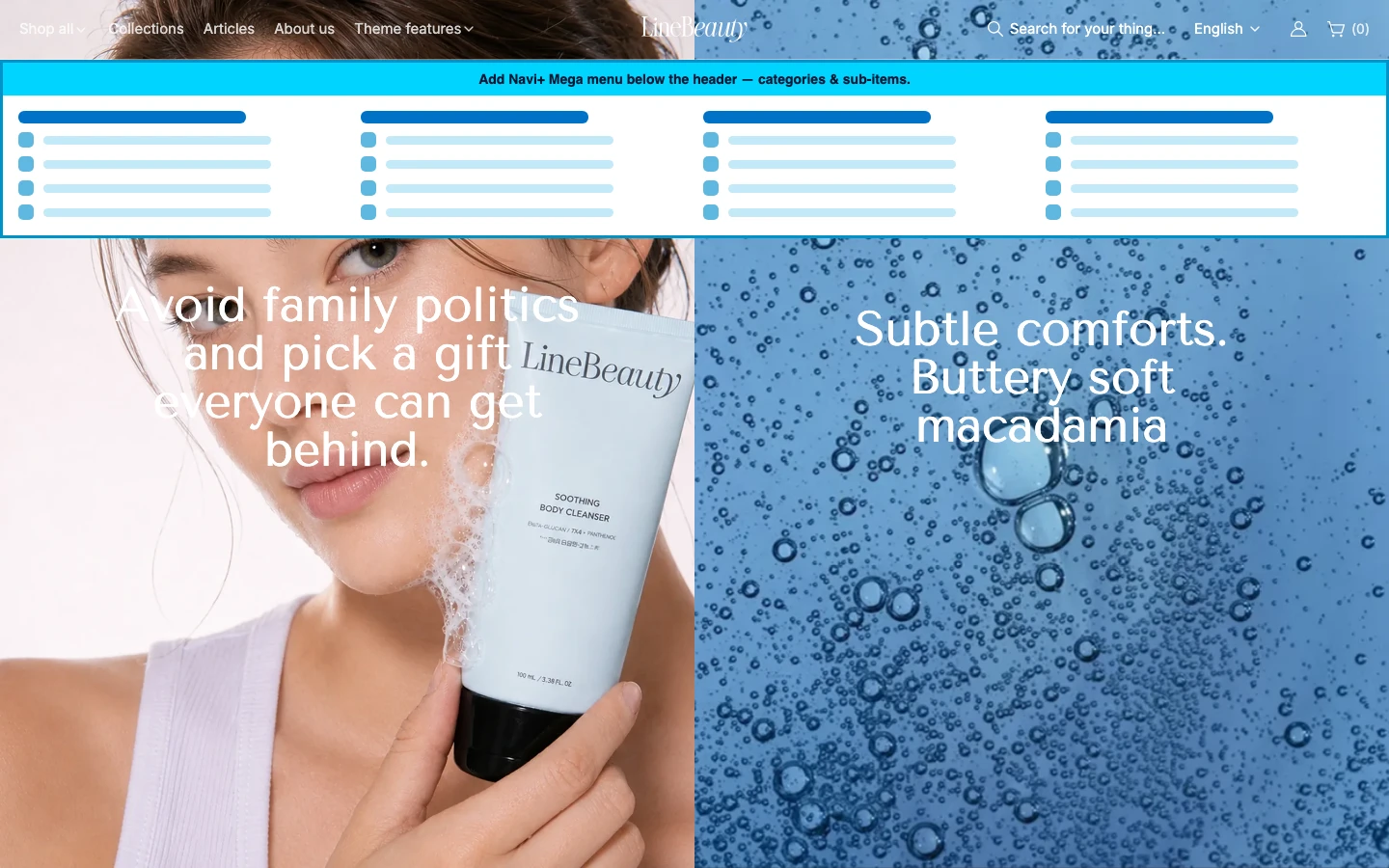 Navi+ Mega Menu inserted below the header on the Line Shopify theme Navi+ Mega Menu inserted below the header on the Line Shopify theme