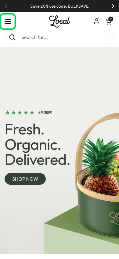 Hamburger → panel opened — Navi+ on the Local Shopify theme