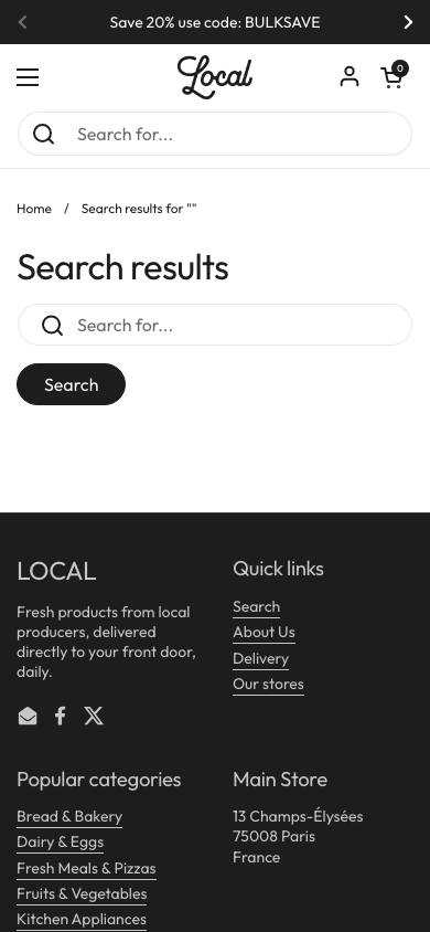 Search → panel opened — Navi+ on the Local Shopify theme