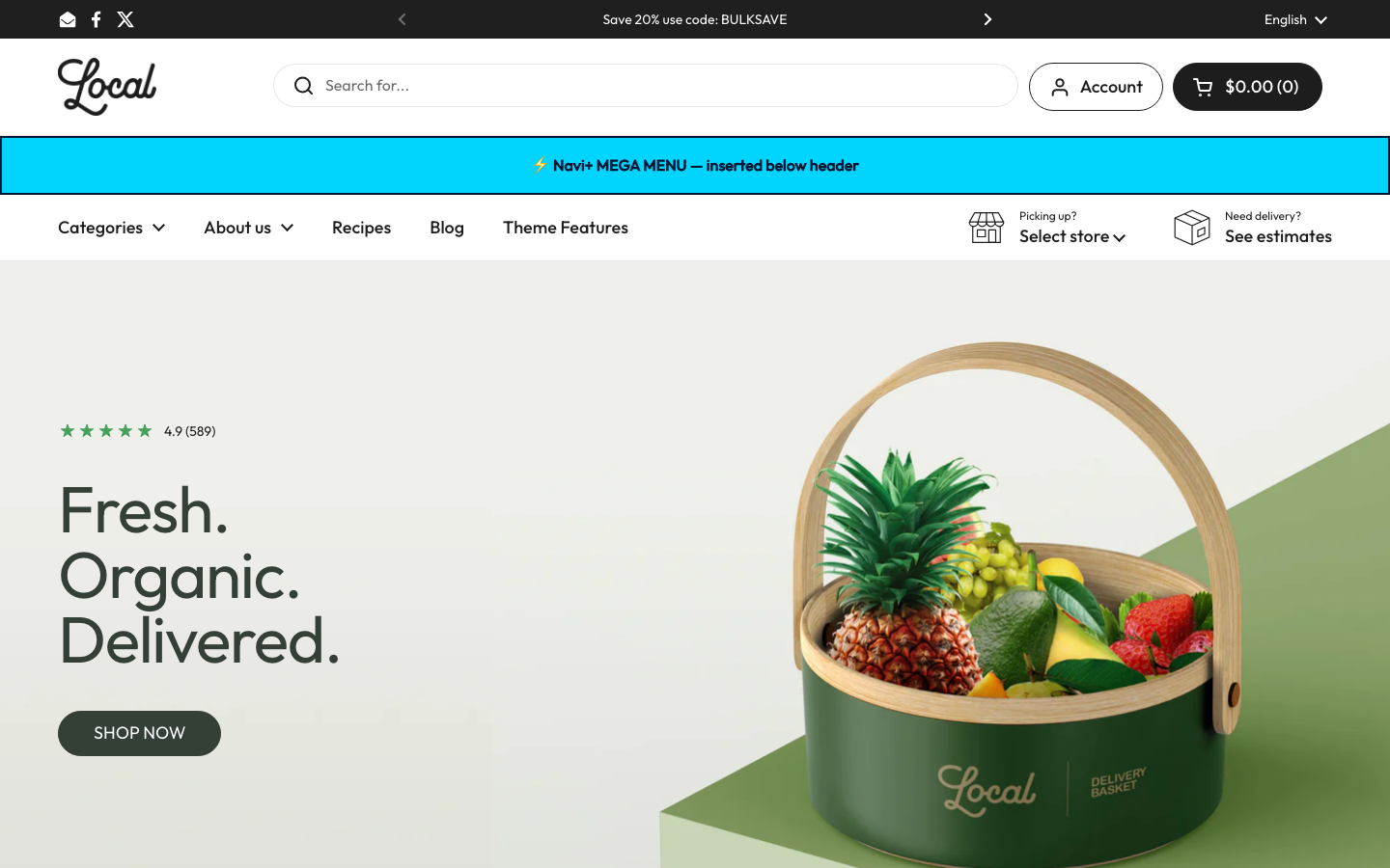 Menu inserted below header — Navi+ on the Local Shopify theme