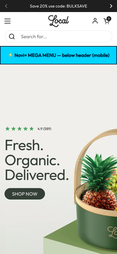 Menu inserted below header — Navi+ on the Local Shopify theme