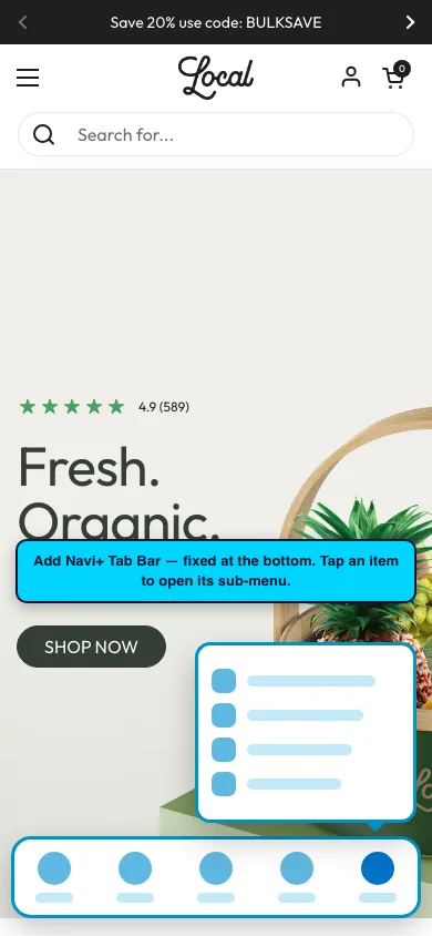 Navi+ Tab Bar on the Local Shopify theme Navi+ Tab Bar on the Local Shopify theme