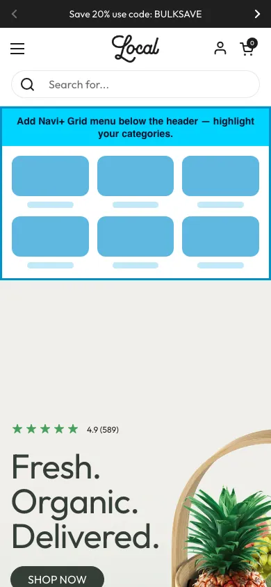 Navi+ Grid Menu on the Local Shopify theme Navi+ Grid Menu on the Local Shopify theme
