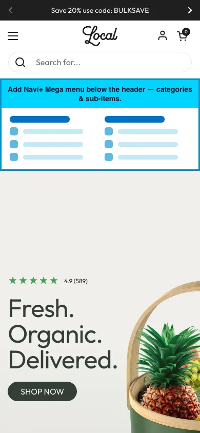 Navi+ mobile Mega Menu on the Local Shopify theme Navi+ mobile Mega Menu on the Local Shopify theme
