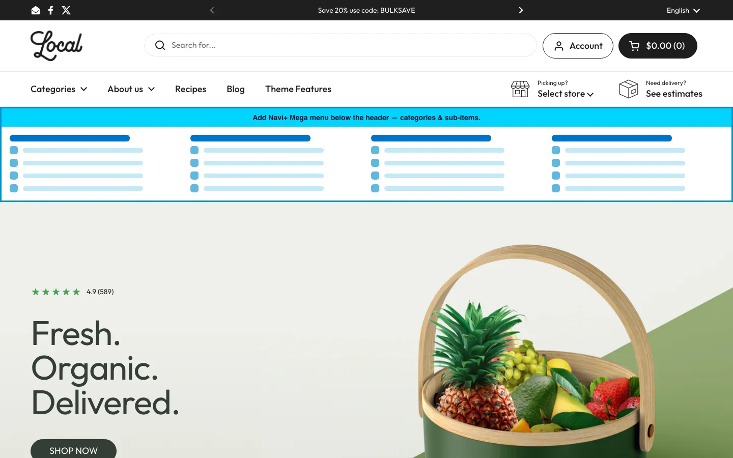 Navi+ Mega Menu inserted below the header on the Local Shopify theme Navi+ Mega Menu inserted below the header on the Local Shopify theme