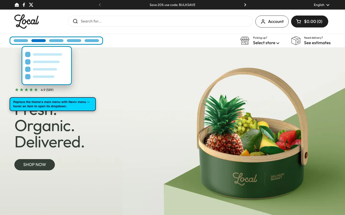 Navi+ Mega Menu replacing the desktop menu on the Local Shopify theme