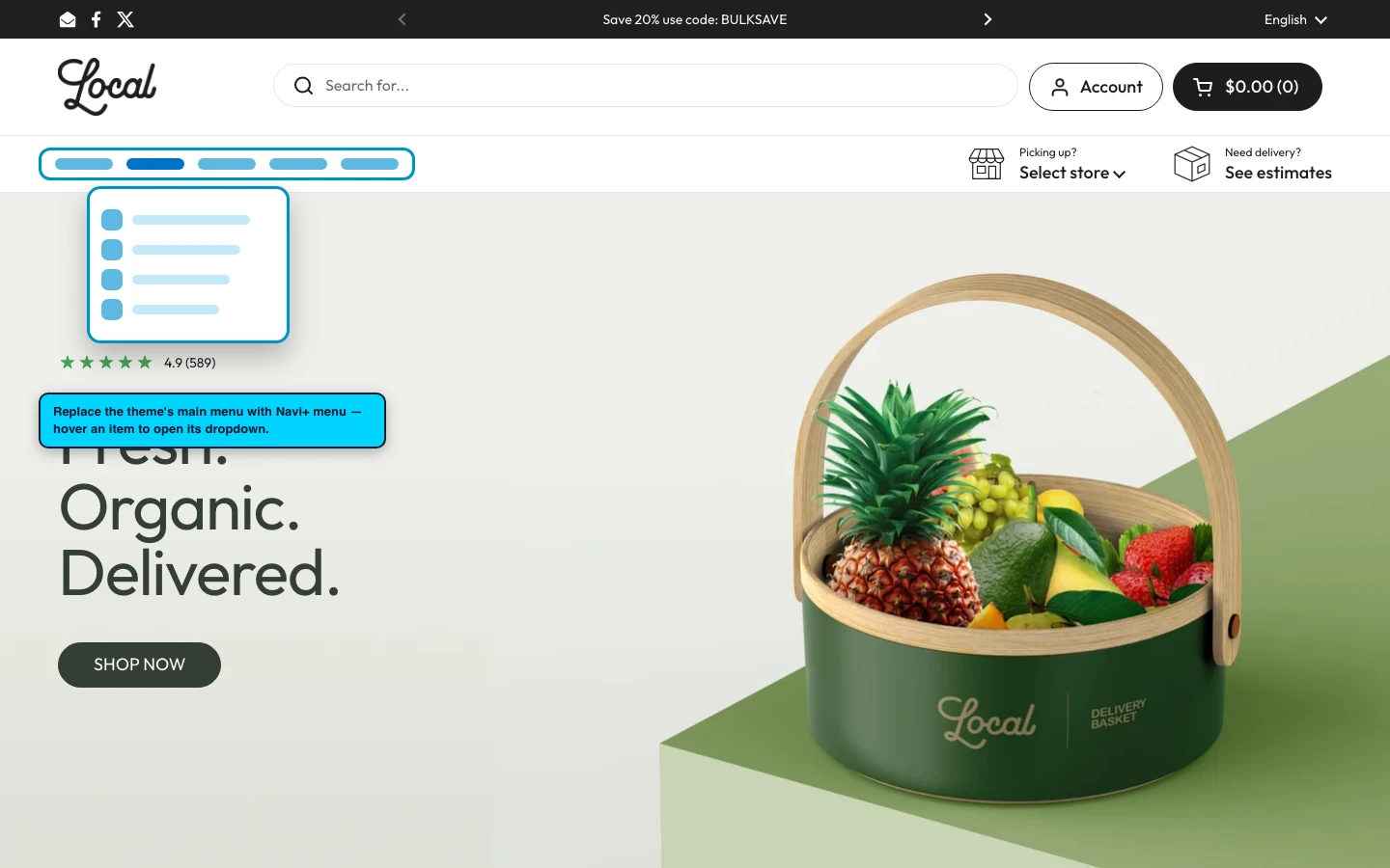 Navi+ Mega Menu replacing the desktop menu on the Local Shopify theme Navi+ Mega Menu replacing the desktop menu on the Local Shopify theme