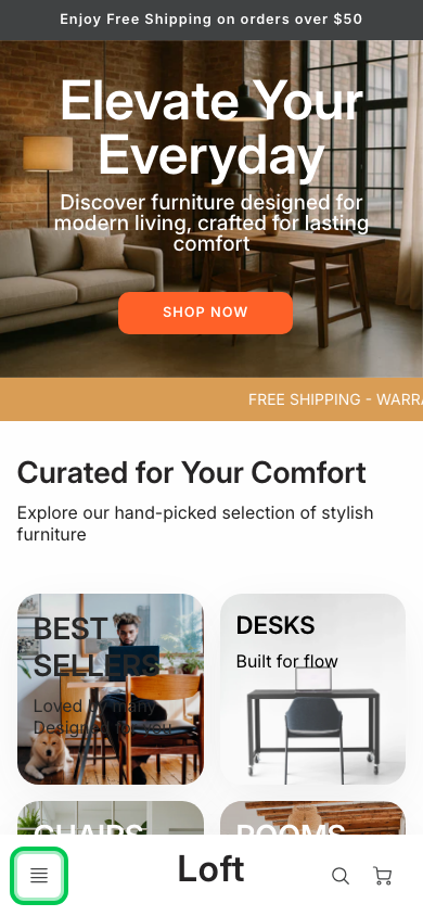 Hamburger → panel opened — Navi+ on the Loft Shopify theme