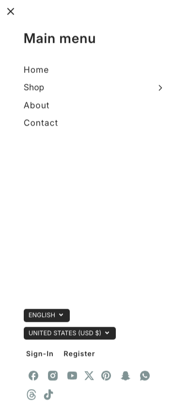 Hamburger → panel opened — Navi+ on the Loft Shopify theme