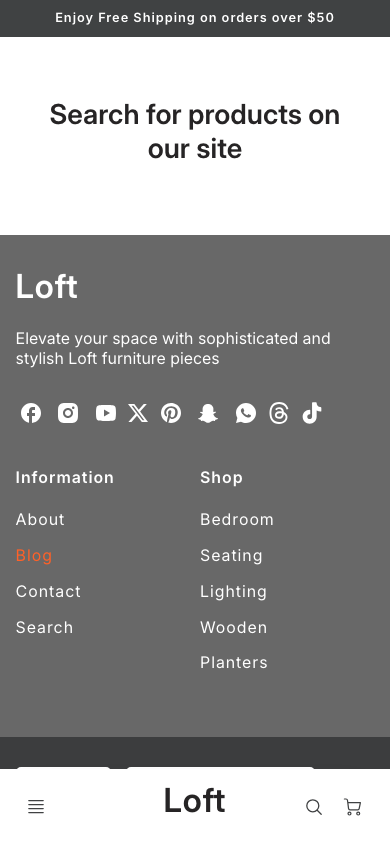 Search → panel opened — Navi+ on the Loft Shopify theme