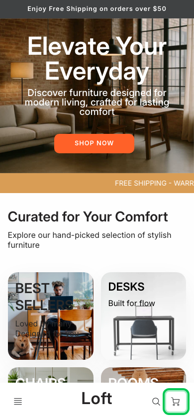 Cart → panel opened — Navi+ on the Loft Shopify theme