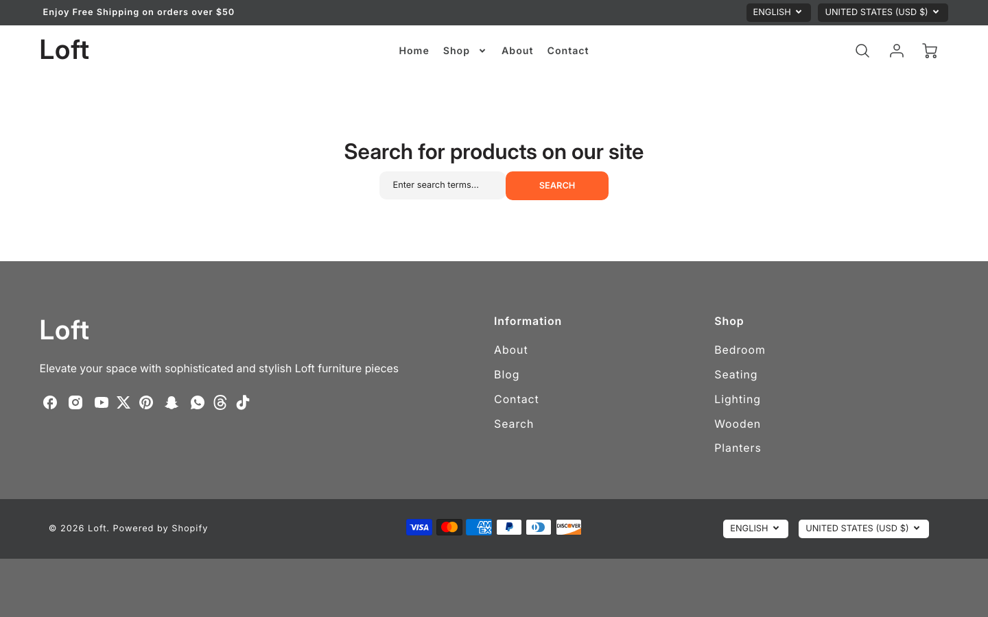 Search → panel opened — Navi+ on the Loft Shopify theme