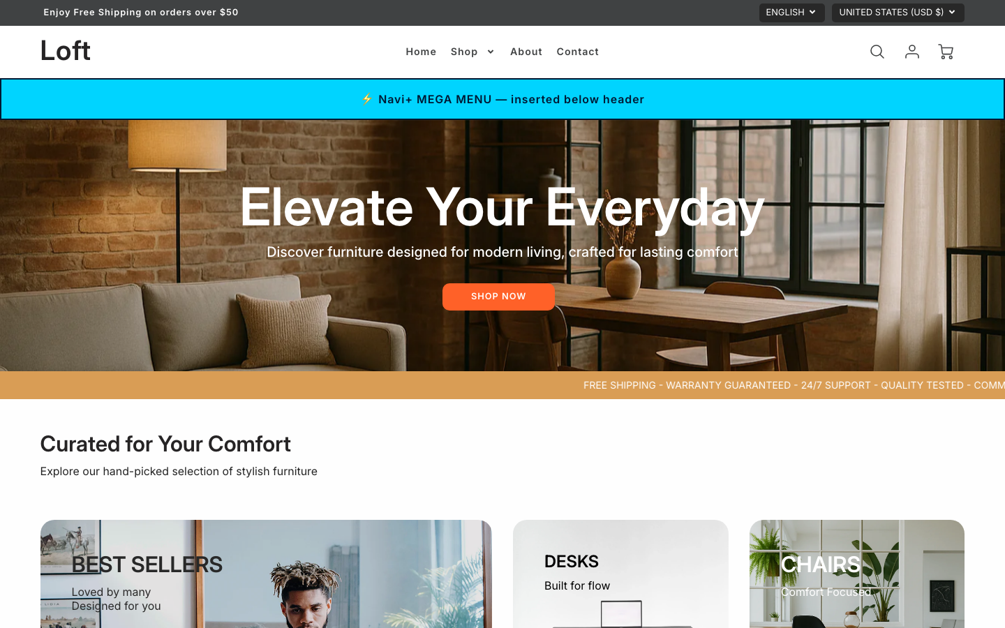 Menu inserted below header — Navi+ on the Loft Shopify theme