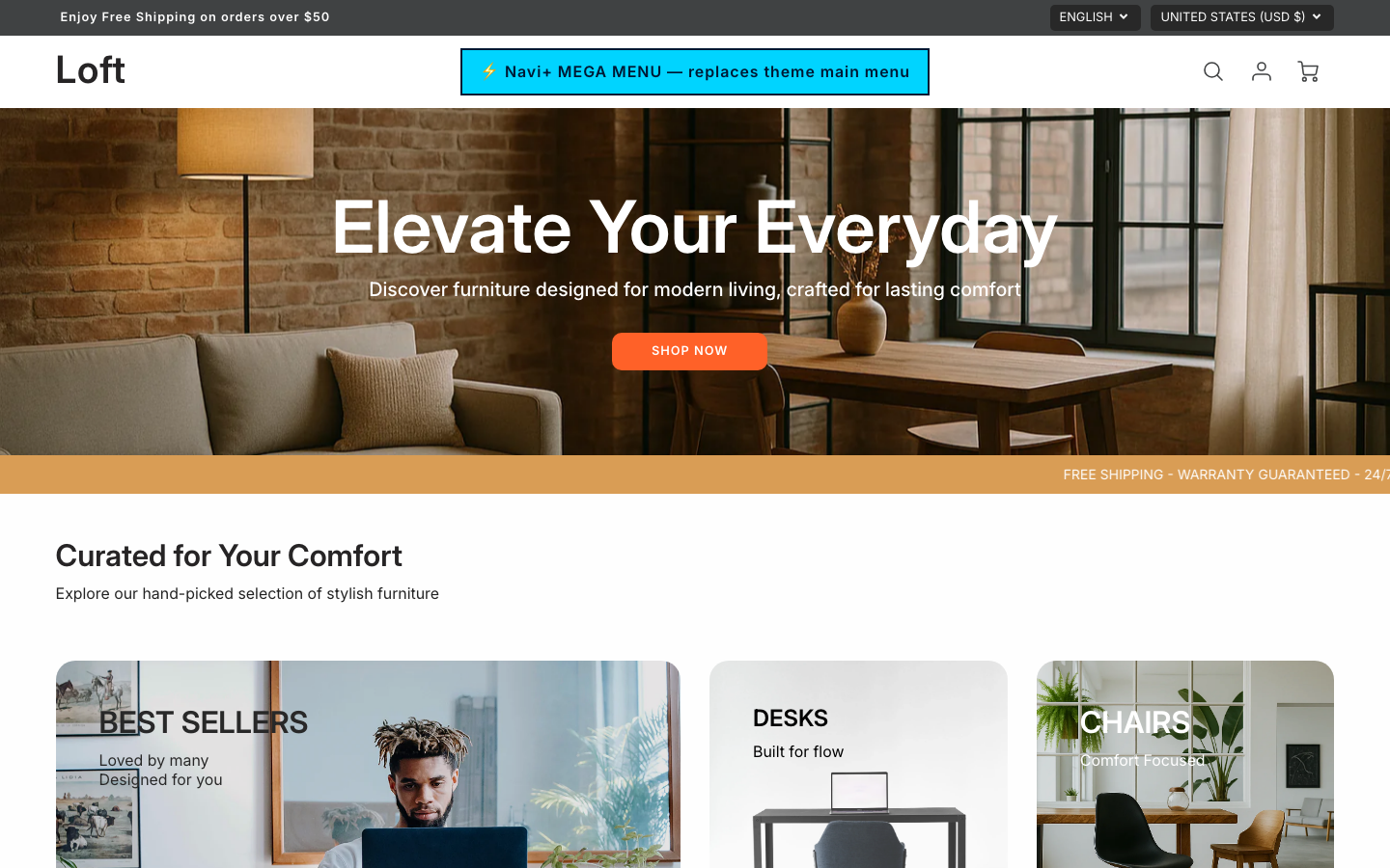 Replace main menu — Navi+ on the Loft Shopify theme