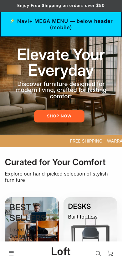 Menu inserted below header — Navi+ on the Loft Shopify theme