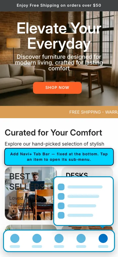 Navi+ Tab Bar on the Loft Shopify theme Navi+ Tab Bar on the Loft Shopify theme