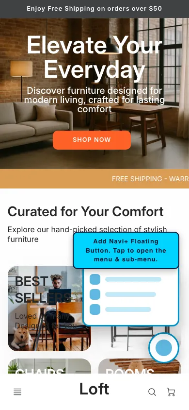 Navi+ FAB on the Loft Shopify theme Navi+ FAB on the Loft Shopify theme