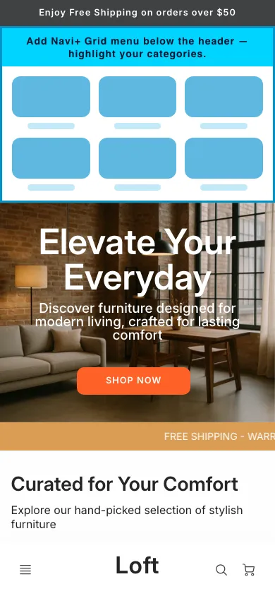 Navi+ Grid Menu on the Loft Shopify theme Navi+ Grid Menu on the Loft Shopify theme