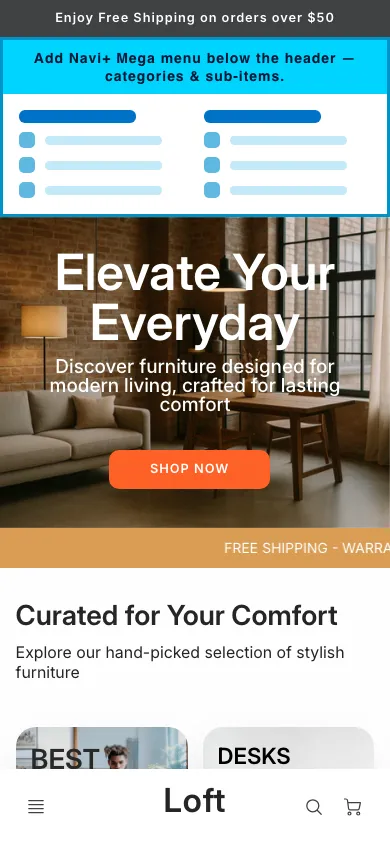 Navi+ mobile Mega Menu on the Loft Shopify theme Navi+ mobile Mega Menu on the Loft Shopify theme