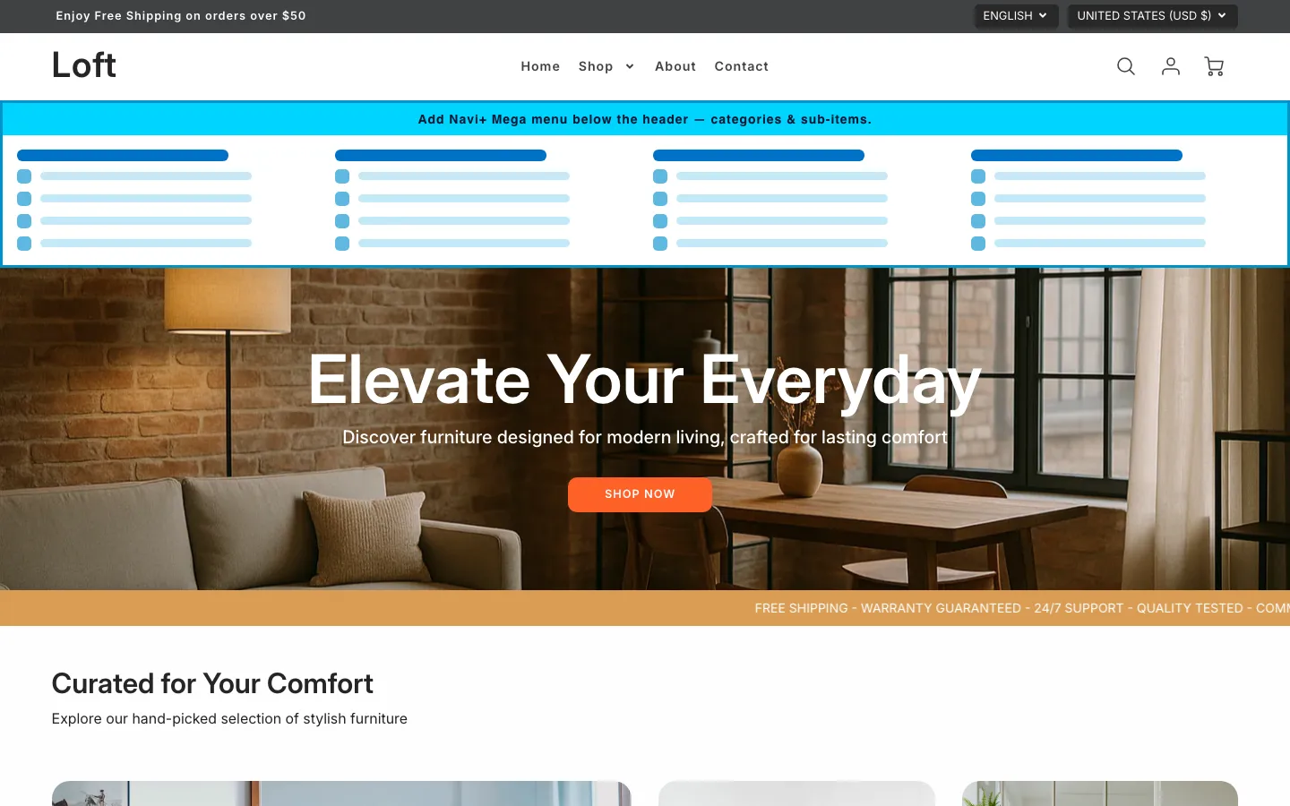 Navi+ Mega Menu inserted below the header on the Loft Shopify theme Navi+ Mega Menu inserted below the header on the Loft Shopify theme