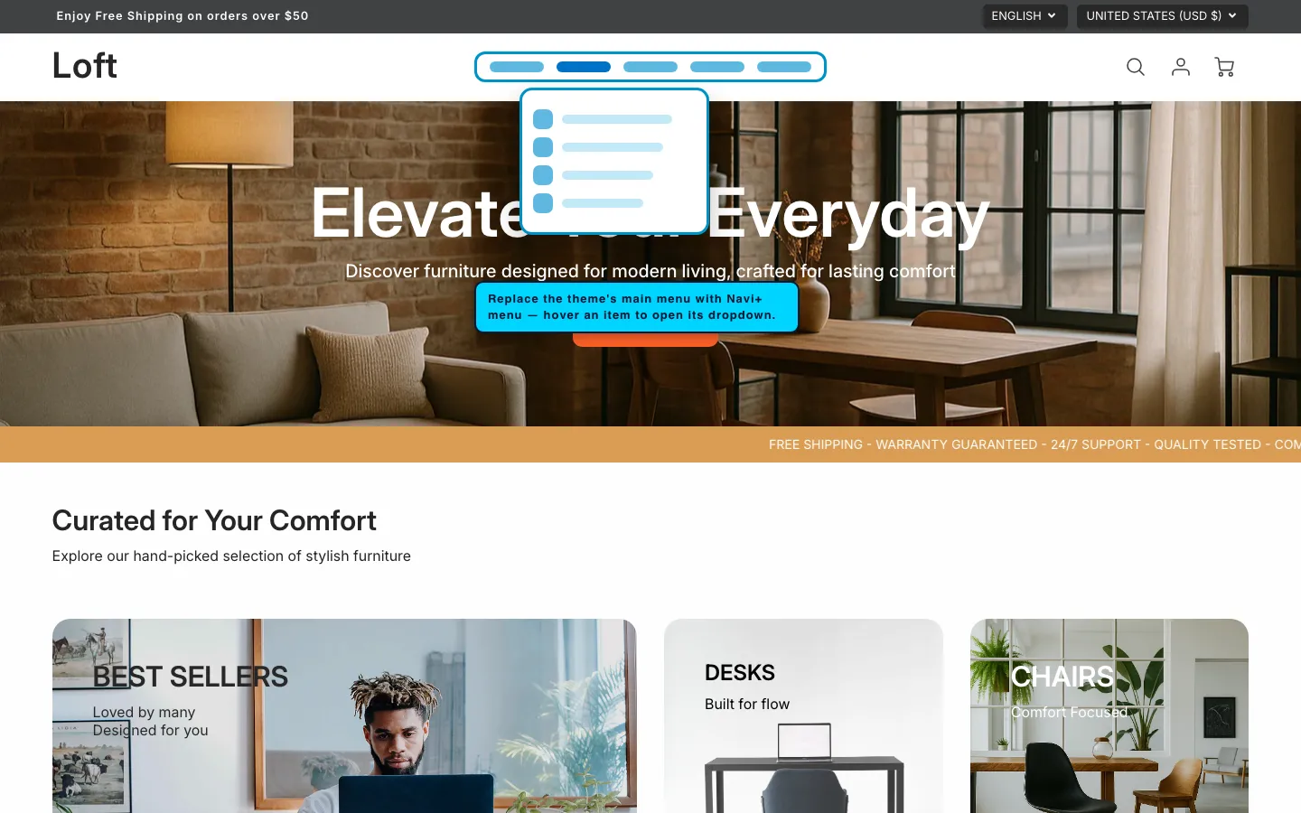 Navi+ Mega Menu replacing the desktop menu on the Loft Shopify theme
