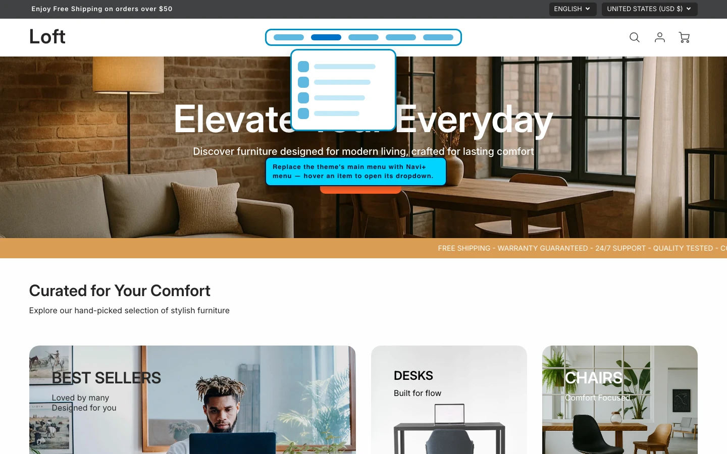 Navi+ Mega Menu replacing the desktop menu on the Loft Shopify theme Navi+ Mega Menu replacing the desktop menu on the Loft Shopify theme