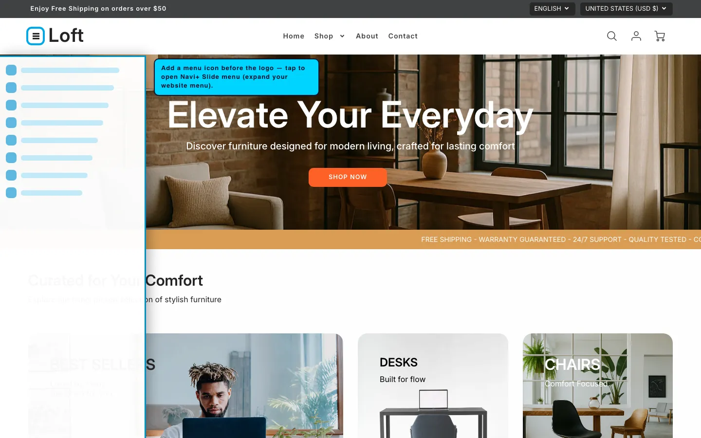 Navi+ trigger icon before the logo on the Loft Shopify theme Navi+ trigger icon before the logo on the Loft Shopify theme