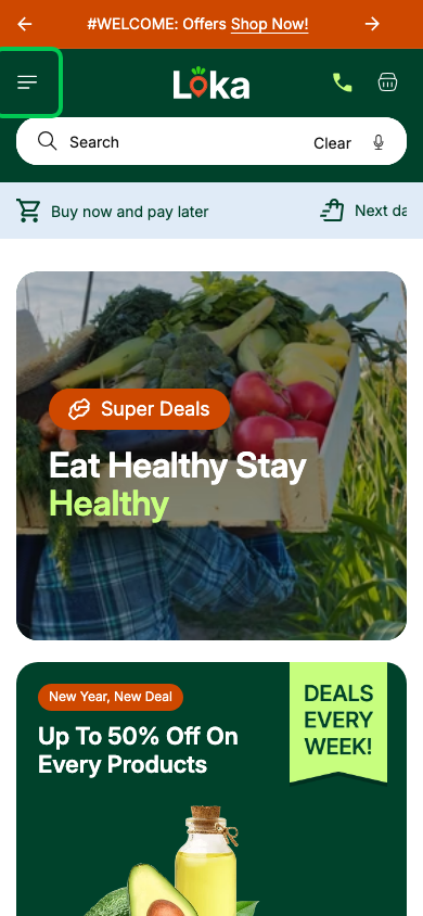 Hamburger → panel opened — Navi+ on the Loka Shopify theme Hamburger → panel opened — Navi+ on the Loka Shopify theme