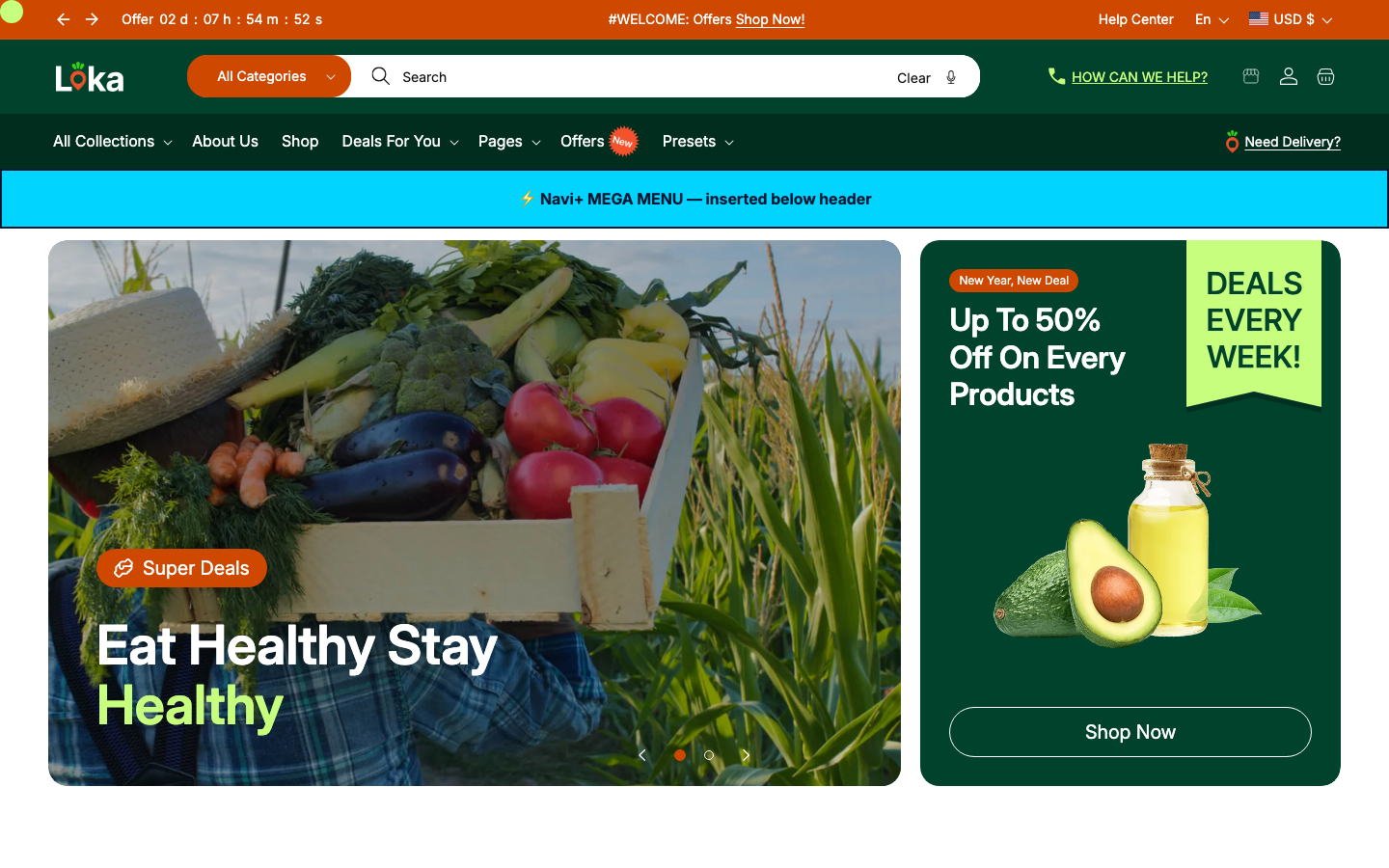 Menu inserted below header — Navi+ on the Loka Shopify theme Menu inserted below header — Navi+ on the Loka Shopify theme