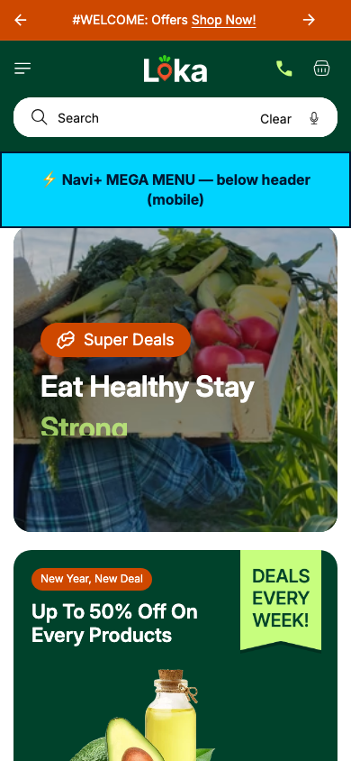 Menu inserted below header — Navi+ on the Loka Shopify theme Menu inserted below header — Navi+ on the Loka Shopify theme