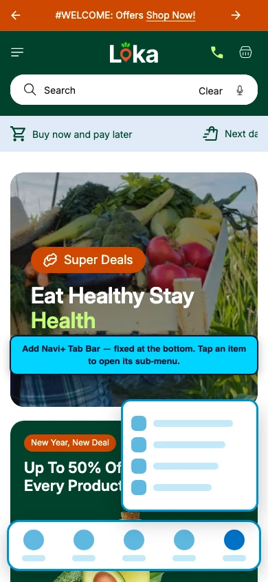 Navi+ Tab Bar on the Loka Shopify theme Navi+ Tab Bar on the Loka Shopify theme