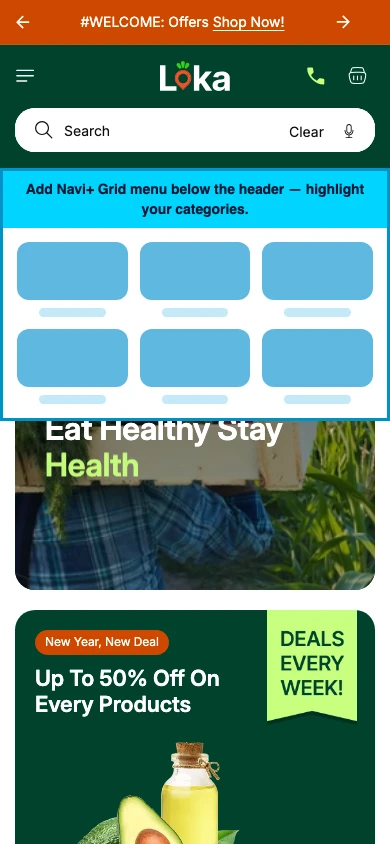 Navi+ Grid Menu on the Loka Shopify theme Navi+ Grid Menu on the Loka Shopify theme