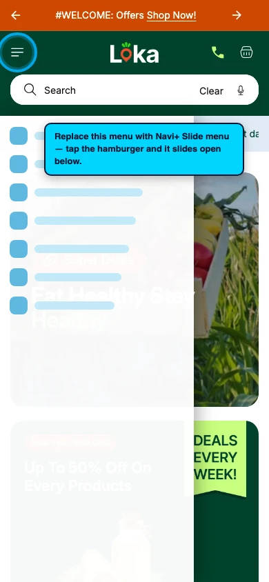 Navi+ Slide Menu on the Loka Shopify theme Navi+ Slide Menu on the Loka Shopify theme