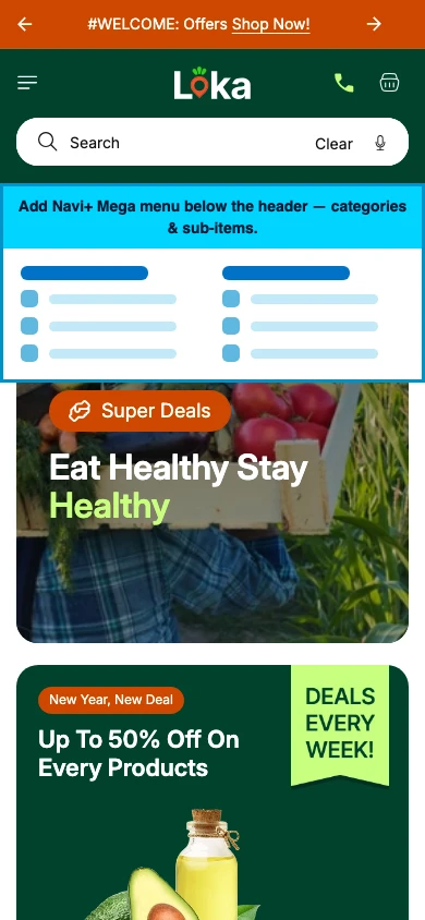 Navi+ mobile Mega Menu on the Loka Shopify theme Navi+ mobile Mega Menu on the Loka Shopify theme