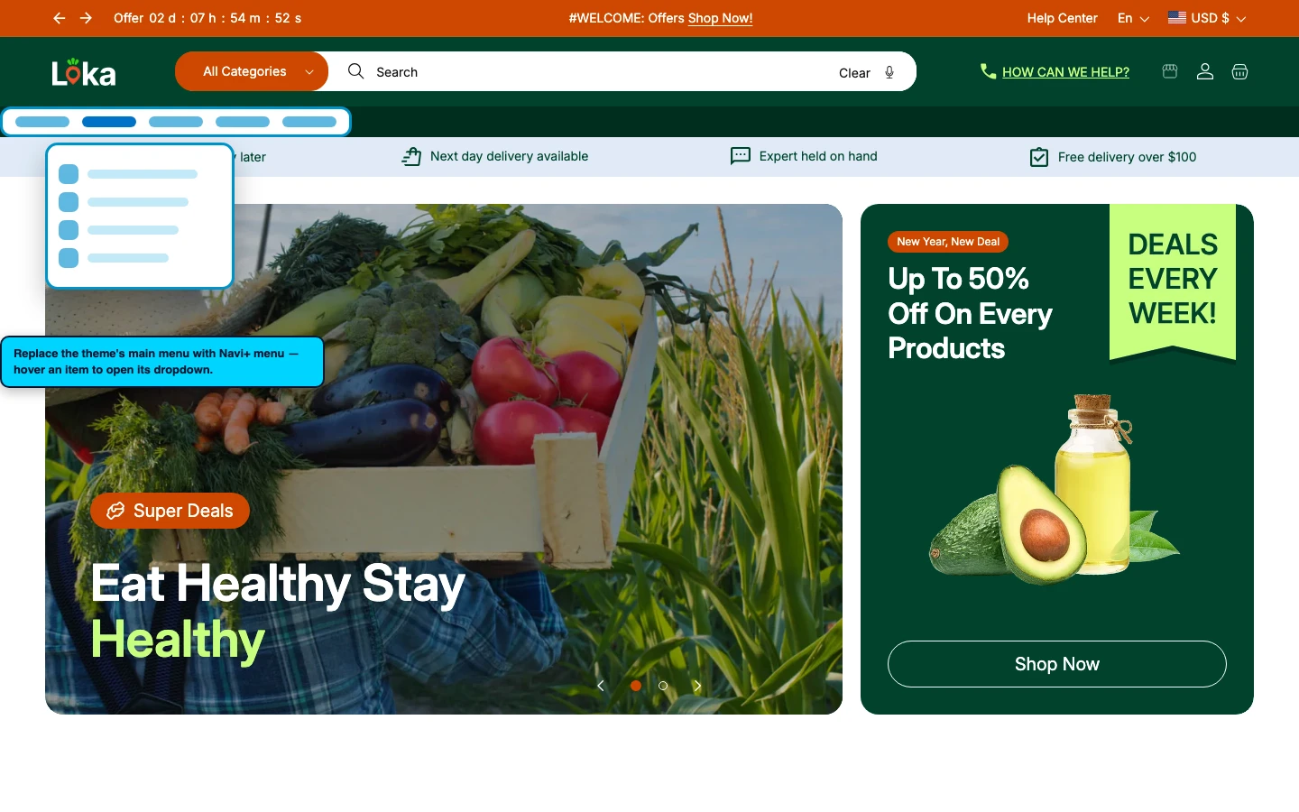 Navi+ Mega Menu replacing the desktop menu on the Loka Shopify theme Navi+ Mega Menu replacing the desktop menu on the Loka Shopify theme