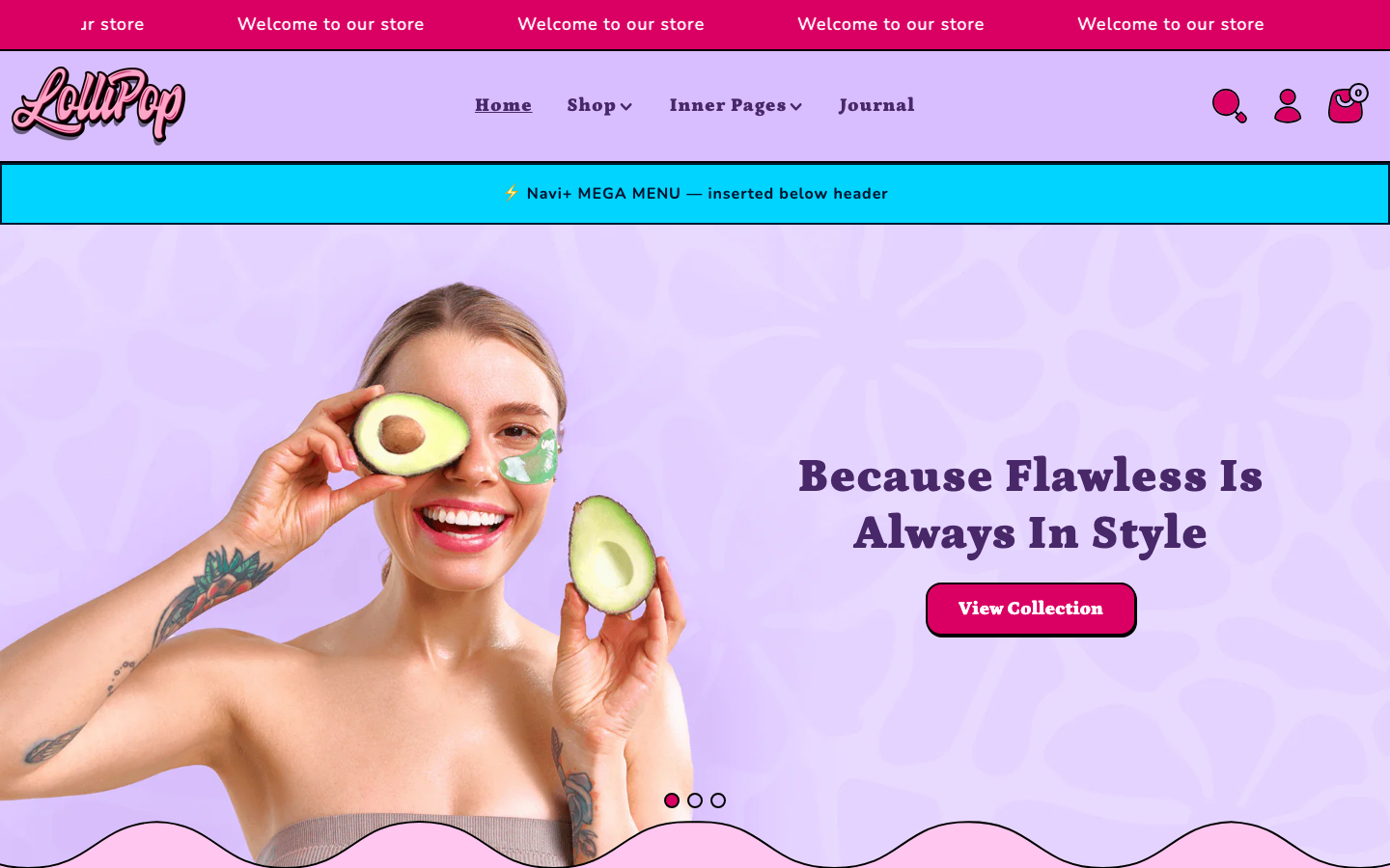 Menu inserted below header — Navi+ on the Lollipop Shopify theme