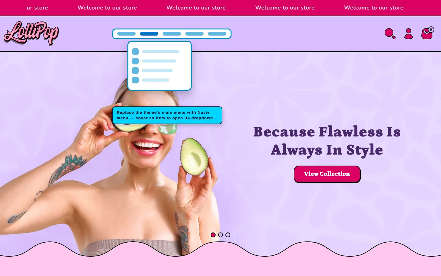 Navi+ Mega Menu replacing the desktop menu on the Lollipop Shopify theme