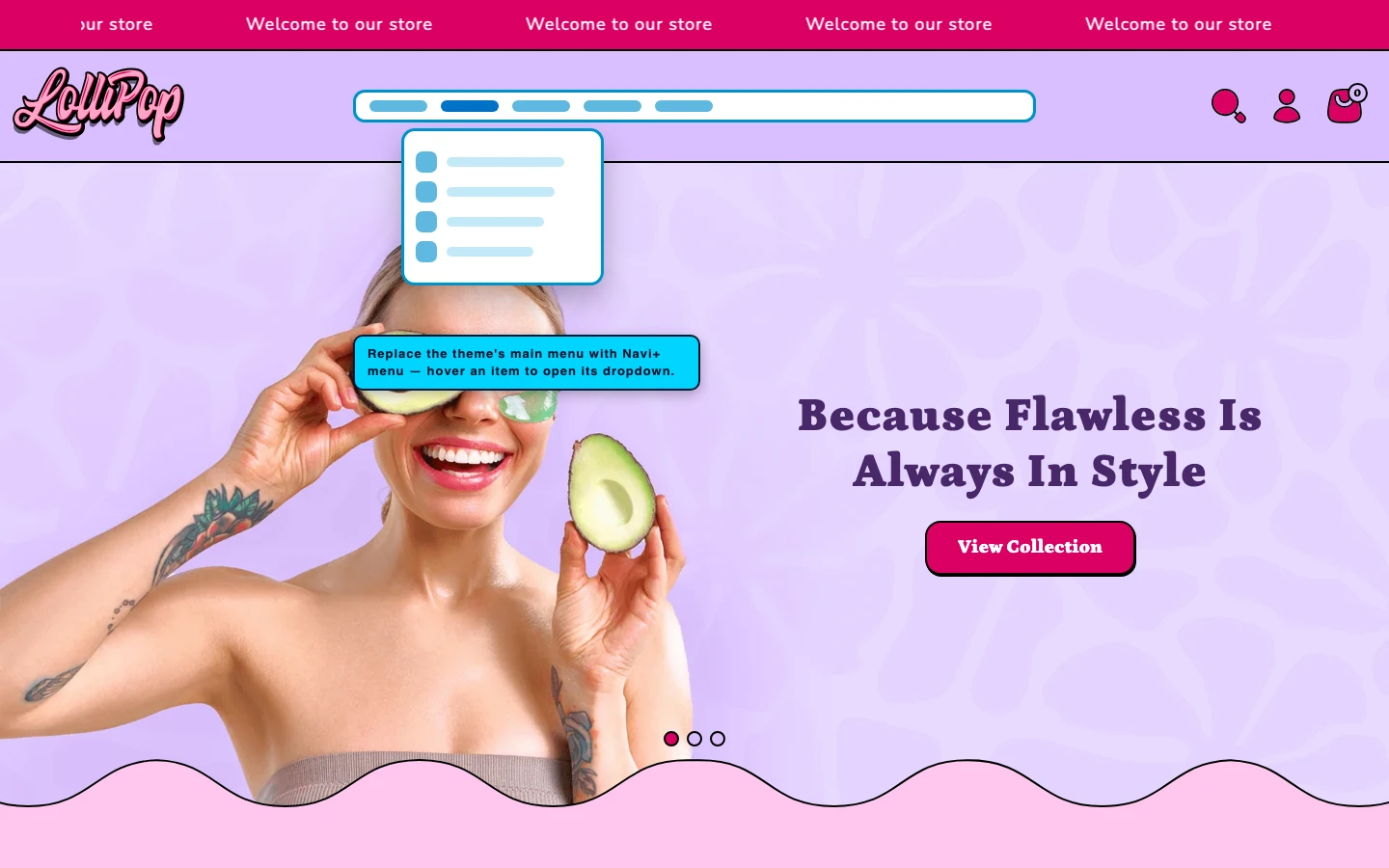 Navi+ Mega Menu replacing the desktop menu on the Lollipop Shopify theme Navi+ Mega Menu replacing the desktop menu on the Lollipop Shopify theme