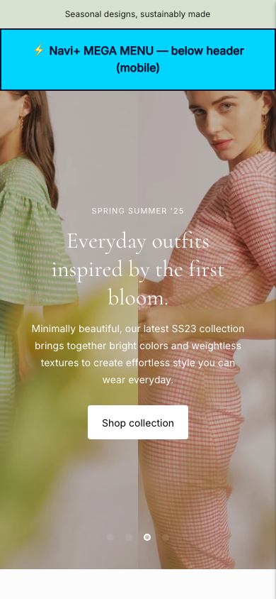 Menu inserted below header — Navi+ on the Lorenza Shopify theme Menu inserted below header — Navi+ on the Lorenza Shopify theme