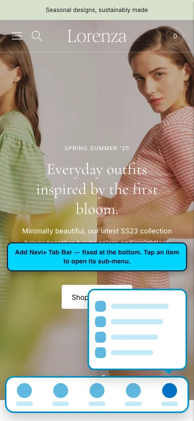 Navi+ Tab Bar on the Lorenza Shopify theme Navi+ Tab Bar on the Lorenza Shopify theme