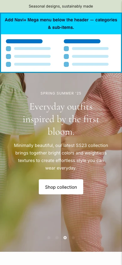 Navi+ mobile Mega Menu on the Lorenza Shopify theme Navi+ mobile Mega Menu on the Lorenza Shopify theme