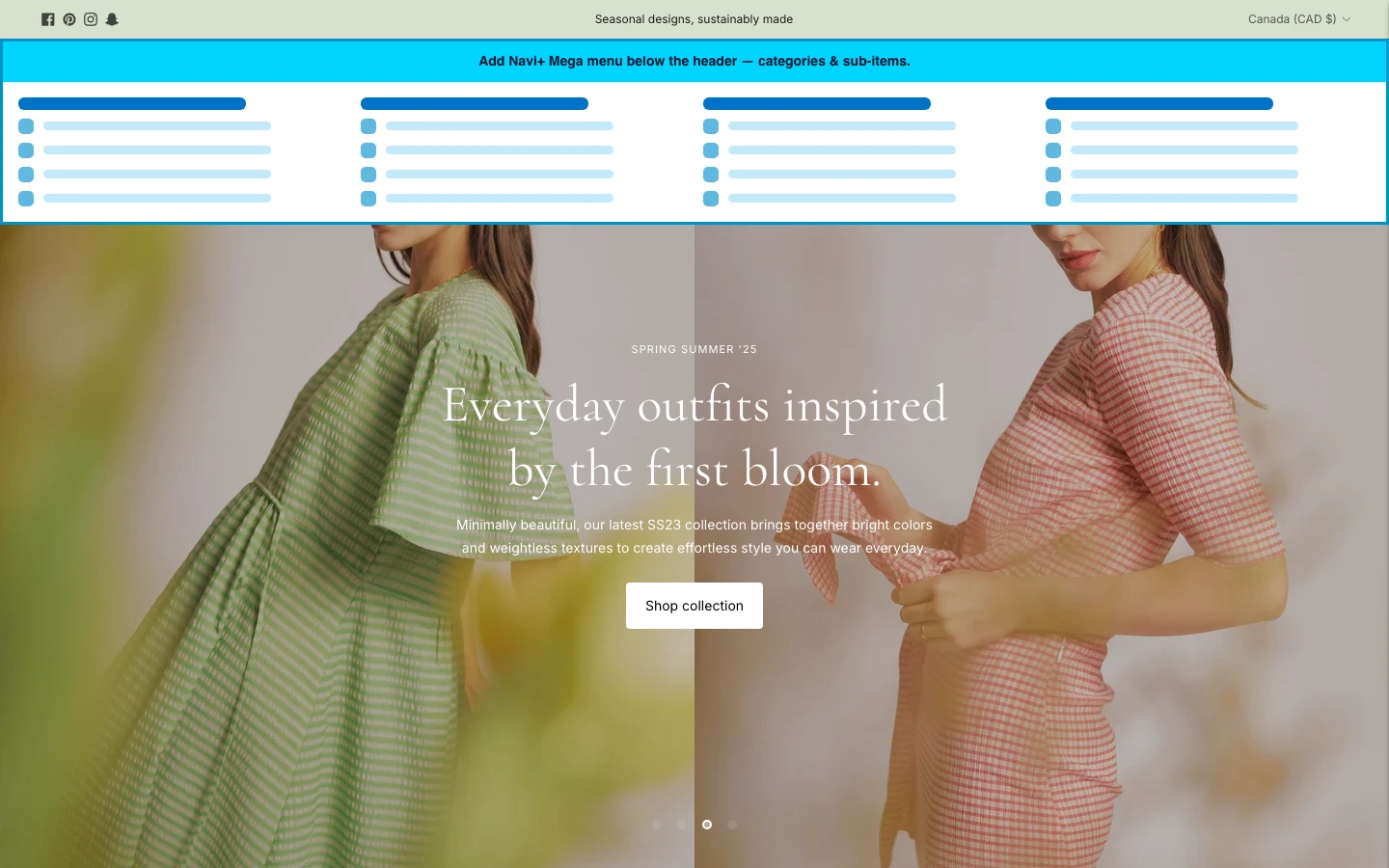 Navi+ Mega Menu inserted below the header on the Lorenza Shopify theme Navi+ Mega Menu inserted below the header on the Lorenza Shopify theme