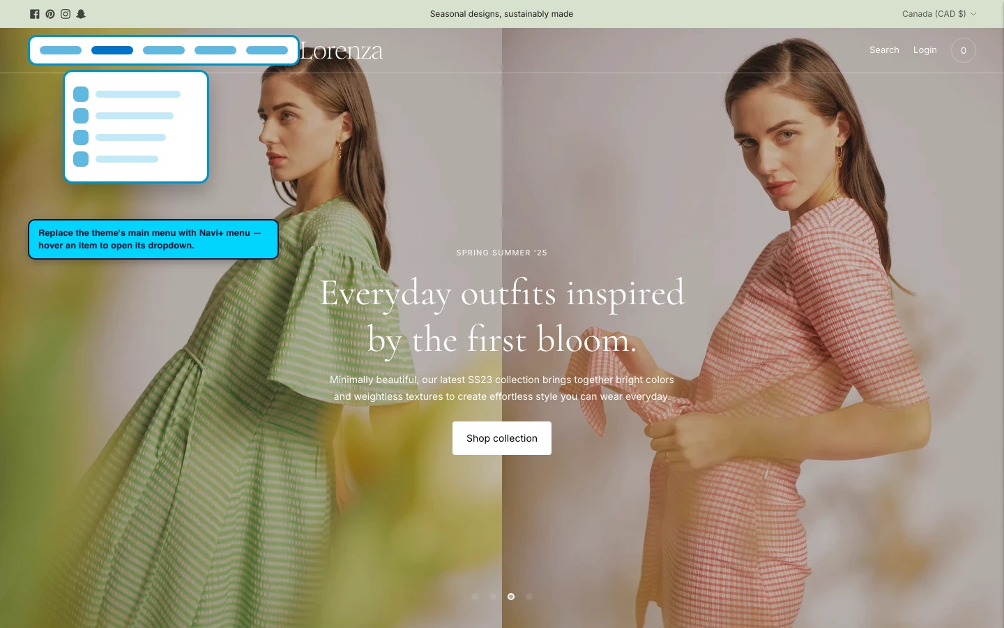 Navi+ Mega Menu replacing the desktop menu on the Lorenza Shopify theme Navi+ Mega Menu replacing the desktop menu on the Lorenza Shopify theme