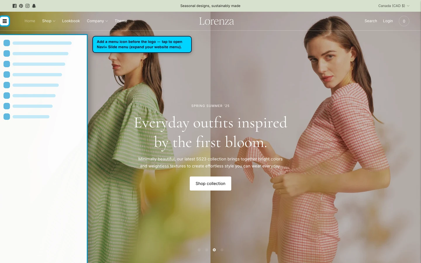 Navi+ trigger icon before the logo on the Lorenza Shopify theme Navi+ trigger icon before the logo on the Lorenza Shopify theme