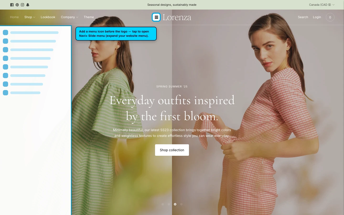 Navi+ trigger icon before the logo on the Lorenza Shopify theme Navi+ trigger icon before the logo on the Lorenza Shopify theme