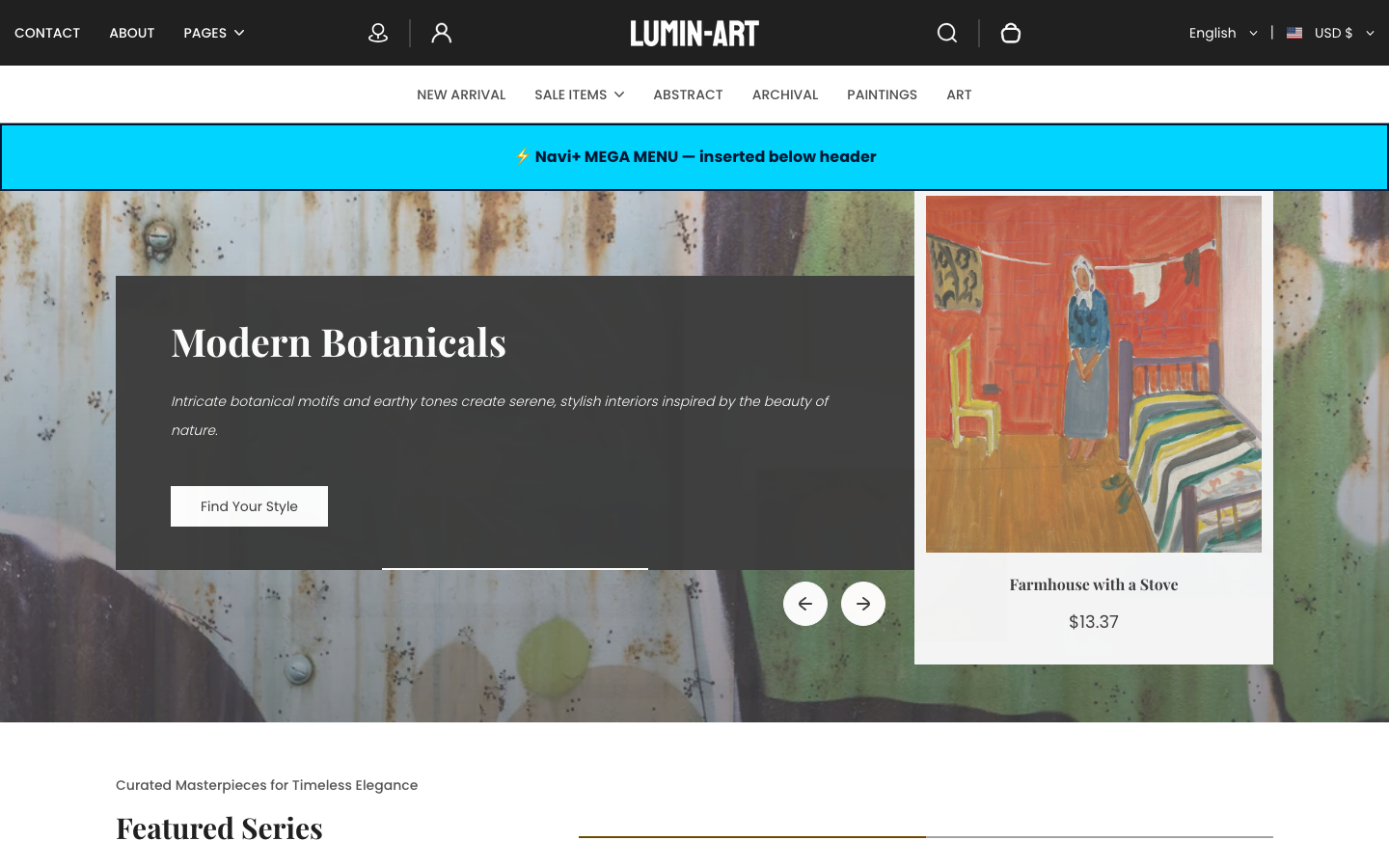 Menu inserted below header — Navi+ on the Lumin Shopify theme Menu inserted below header — Navi+ on the Lumin Shopify theme