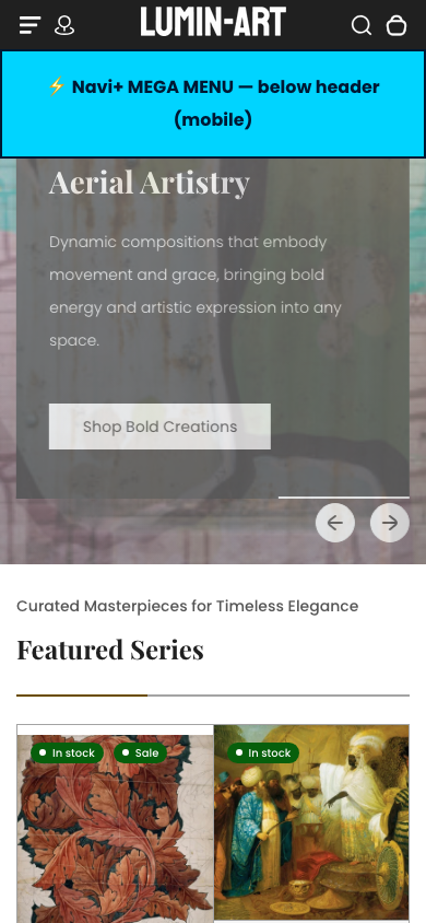 Menu inserted below header — Navi+ on the Lumin Shopify theme Menu inserted below header — Navi+ on the Lumin Shopify theme