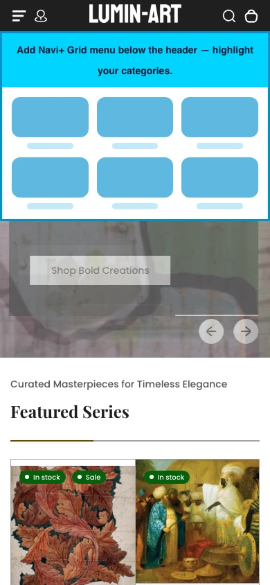 Navi+ Grid Menu on the Lumin Shopify theme Navi+ Grid Menu on the Lumin Shopify theme
