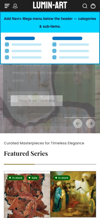 Navi+ mobile Mega Menu on the Lumin Shopify theme Navi+ mobile Mega Menu on the Lumin Shopify theme